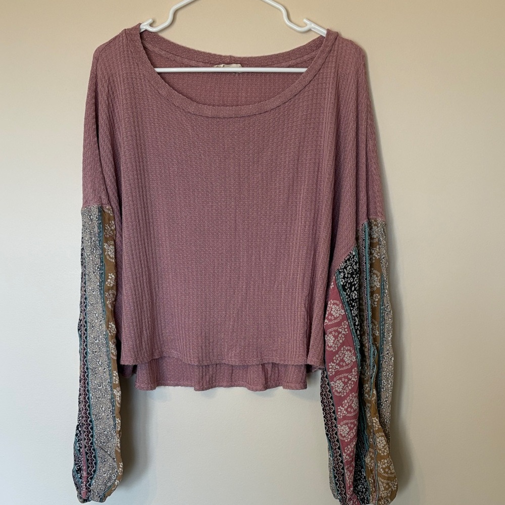 Altar'd State Dusty Rose Long Sleeve Top with Patchwork Sleeves